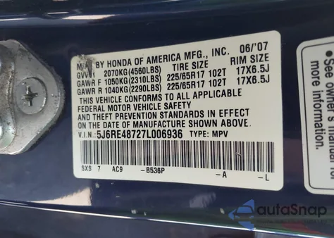 2007 Honda Cr-V Ex-L from USA, damaged, VIN 5J6RE48727L006936